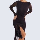 Black Long Sleeve Backless Ruffle Midi Dress